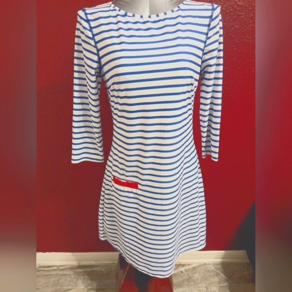 CABANA LIFE Royal Blue Stripe 3/4 Sleeve - Shift Mini Dress